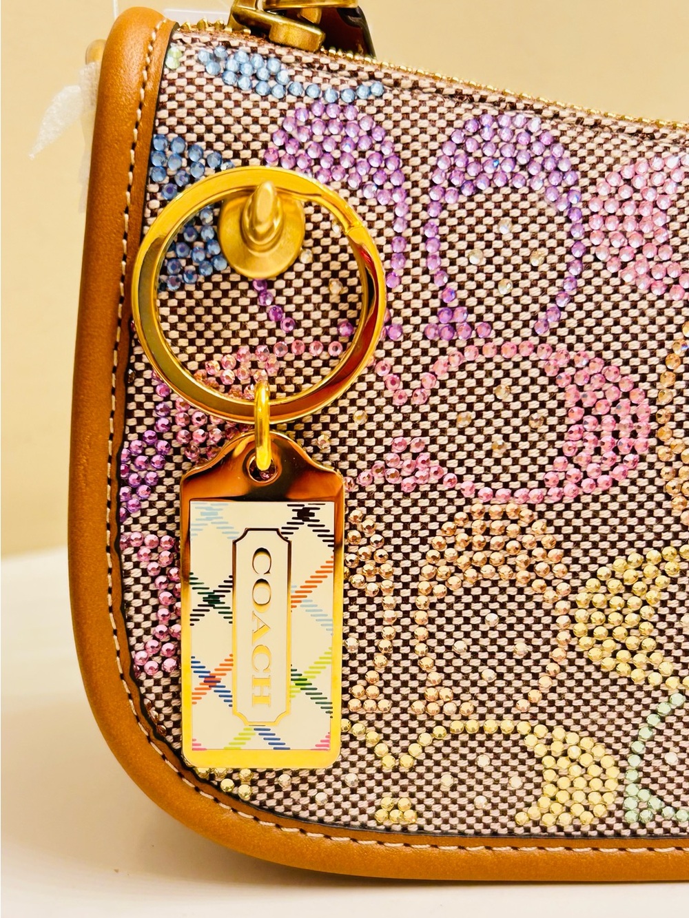 NWOT Coach Signature Tattersall Gold Tone Tag Keychain/Bag Charm